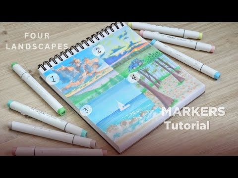 4 Landscapes with Ohuhu Pastel markers / alcohol markers tutorial