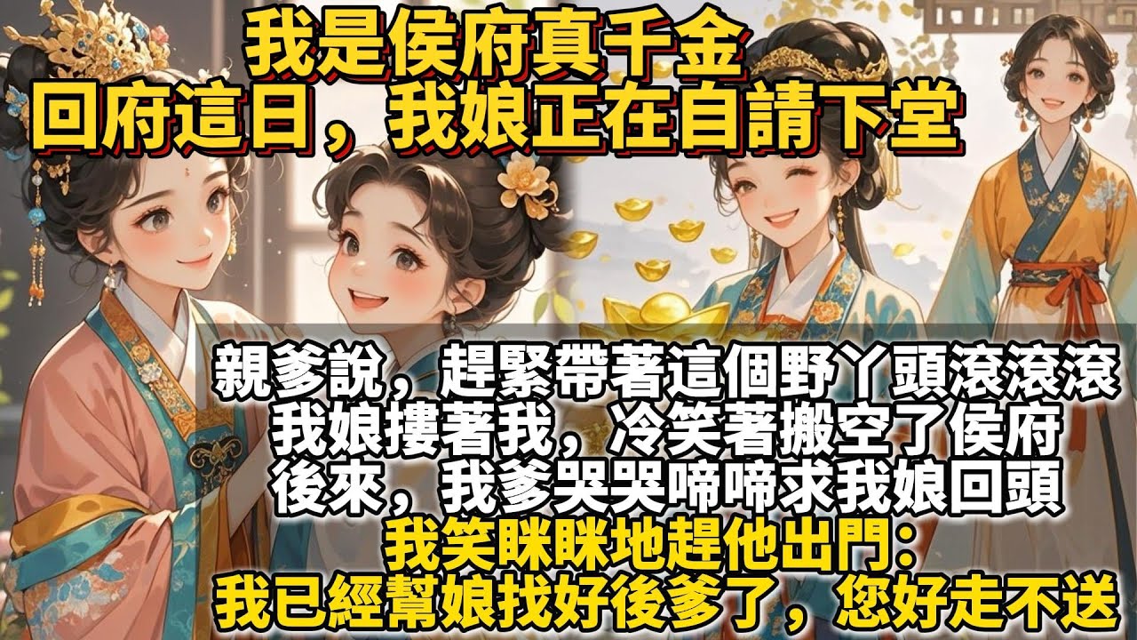 完結爽文：我是侯府真千金，回府這日，我娘正在自請下堂。親爹說，趕緊帶著這個野丫頭滾滾滾。我娘摟著我，冷笑著搬空了侯府。後來，我爹哭哭啼啼求我娘回頭。我笑眯眯地趕他出門：我已經幫娘找好後爹了，您好走不送