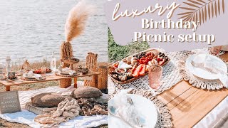 LUXURY BIRTHDAY PICNIC SETUP | all day bay side charcuterie boho picnic setup