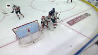 Bobrovsky makes a move for the puck, icing called anyway