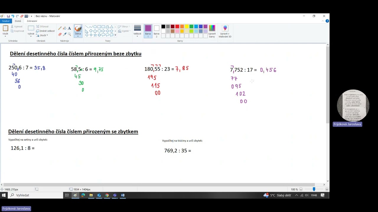 Dělení desetinných čísel přirozenými čísly beze zbytku i se zbytkem