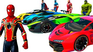 SPIDERMAN with SUPERHEROES and SUPER CARS Challenge On Ramps - GTA V MODS GamePlaydroid