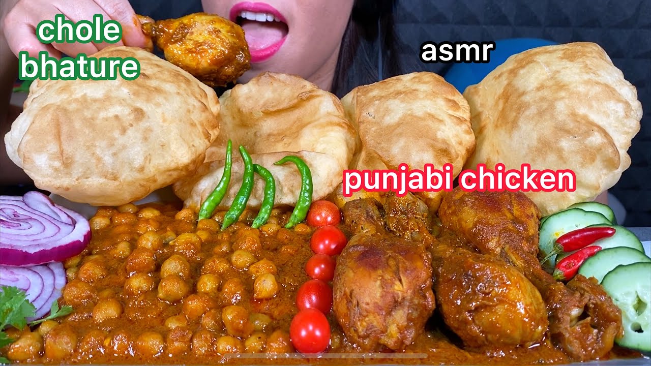 ASMR CHOLE BHATURE + PUNJABI CHICKEN CURRY + VEGETABLES 먹방 Mukbang Eating Sounds