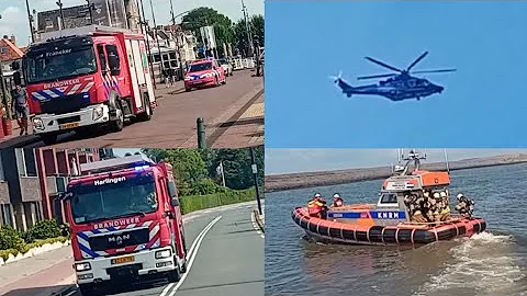 Hulpdiensten in actie voor brand in een plezierjacht op de Waddenzee.  