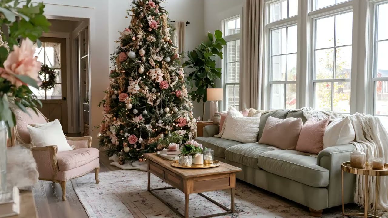 Soft Romantic Cottagecore Christmas Decor | Pink & Sage Green Farmhouse Holiday Home Tour
