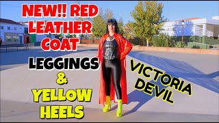 New Red Leather Coat , Leggings, Corset And Yellow Heels .