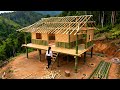 The young woman single-handedly built a mysterious bamboo house on a raised roof.