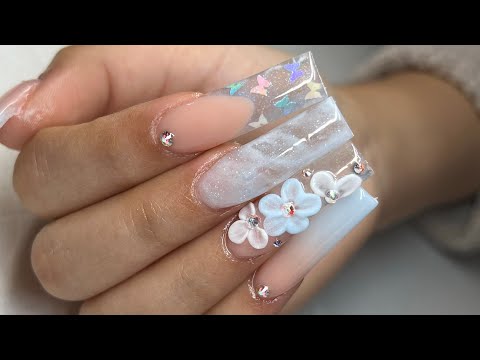 Pastel Blue Spring Nails | 3D Acrylic Flowers | Acrylic Nails Tutorial