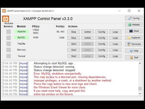 Solve XAMP MySQL shutdown unexpectedly -  missing dependencies - blocked port