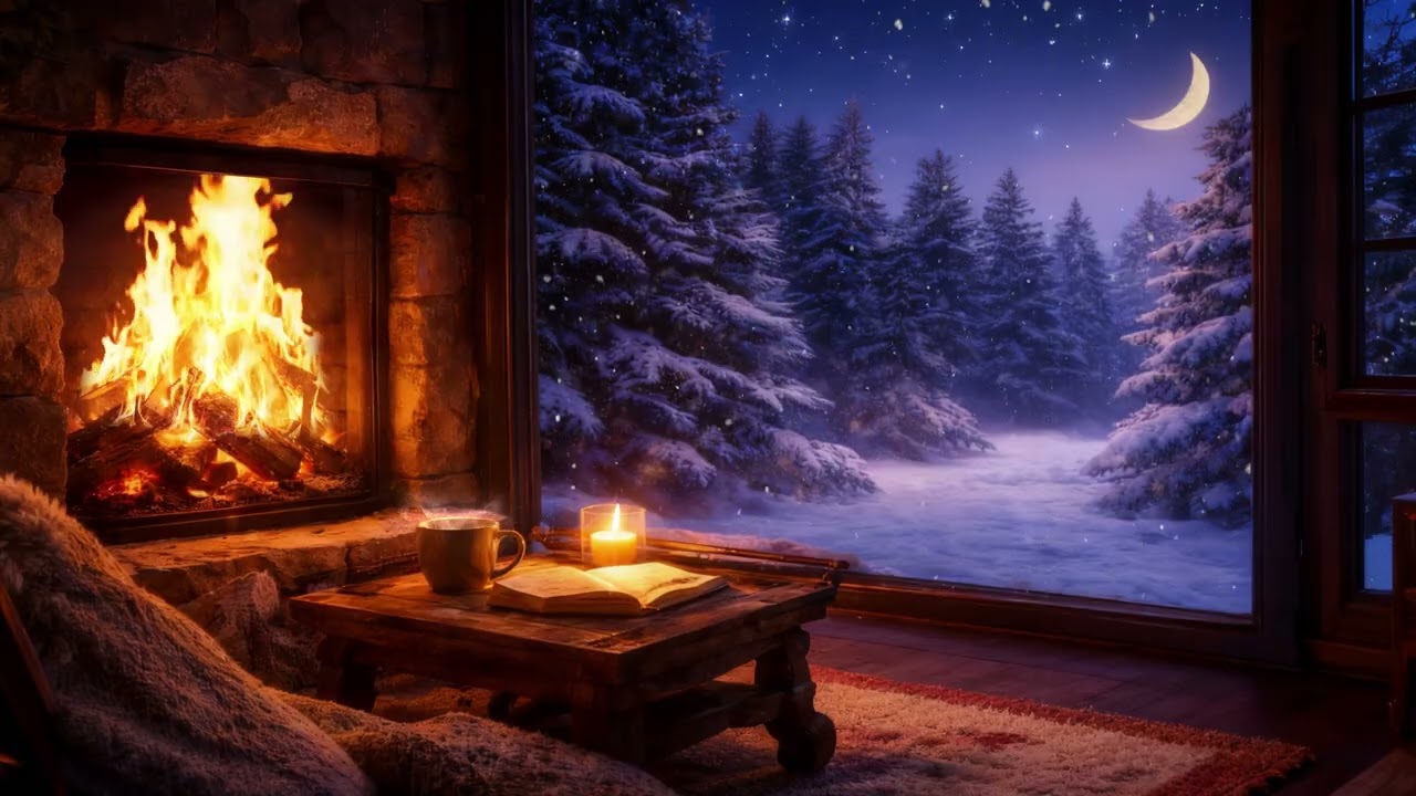 Jazz for Sleep  8 hours🎷 Warm Fireplace, Snow & Saxophone