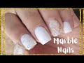 White and Gold Glitter Marble Design/ Short White acrylic nails