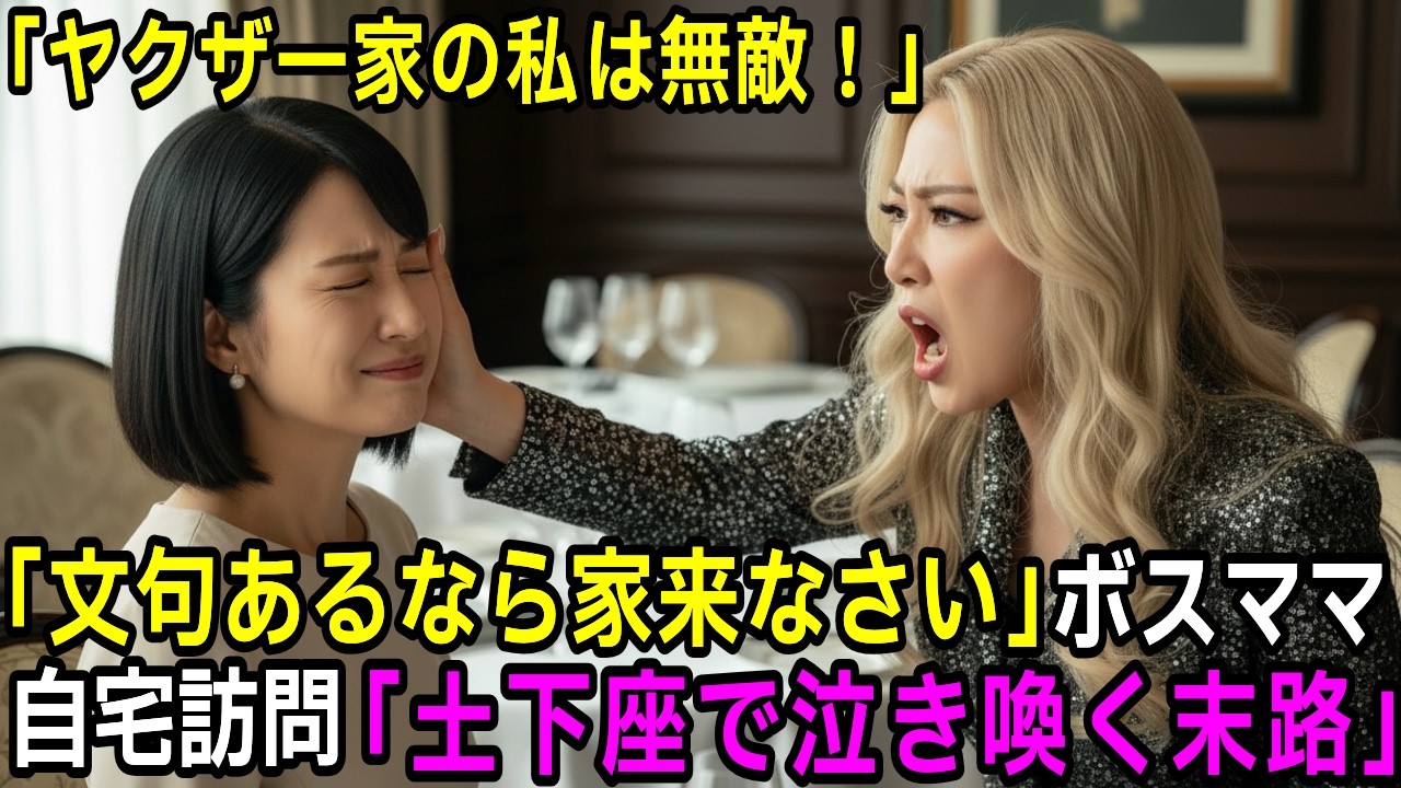組長の妻にビンタし「自称ヤクザの私は無敵！家に来なさいw」と豪語したボスママ。今夜、全組員で訪問しボスママ「え？」正体を知り土下座する衝撃の末路【スカッと】【修羅場】