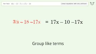 Linear equation with one unknown: Solve 10x-15-7x=17x-10 step-by-step solution