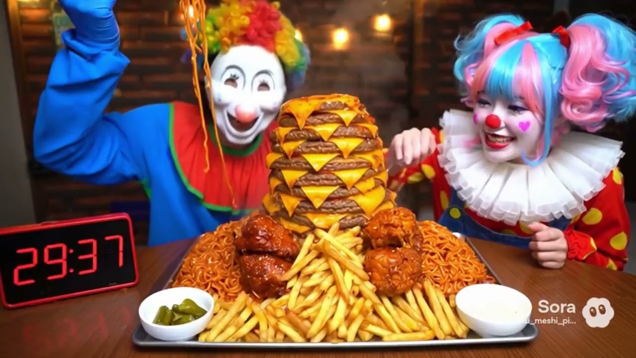A food fight between a big-eating clown and a beautiful, gluttonous clown🤡