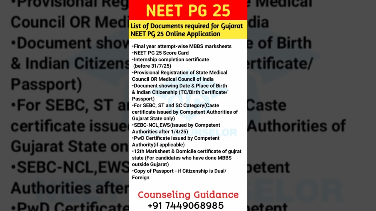Gujarat NEET PG-25 Required documents for Online application