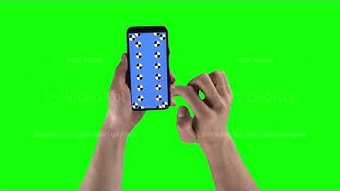 Man holds mobile phone with tracking markers and sliding pages on a green screen background