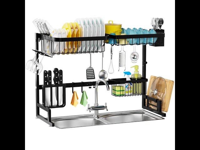  MERRYBOX Over The Sink Dish Drying Rack Adjustable Length  (25-33in), 2 Tier Dish Rack Over Sink with Multiple Baskets Utensil Holder  Cup Holder, Full Set Large Dish Rack for Kitchen