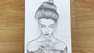 How to draw girl with rose flower || Pencil Sketch of a girl || Art Video