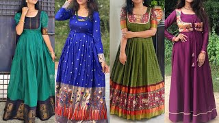 Latest Silk gown design ideas 2023 |  Saree pattern long gown dress design | Long gown designs screenshot 4