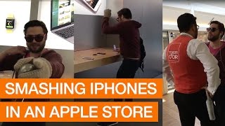 SHORT - Angry Customer Smashes iPhones With Metal Ball In Apple Store SHORT - Angry Customer Smashes iPhones With Metal Ball In Apple Store
