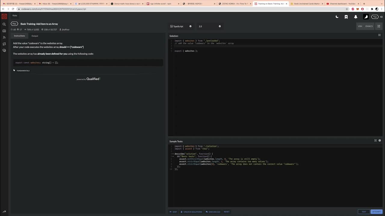 [codewars] (8kyu) Basic Training: Add item to an Array - YouTube