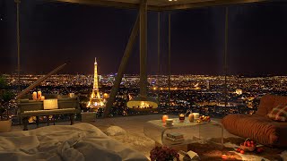 Cozy Bedroom With A Night View Of Paris In Heavy Rain - Jazz Music for Relax and Study