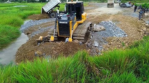 Amazing Landfill Task! Push Stone into Water Shantui DH17C3 Dozer & Dump Truck 