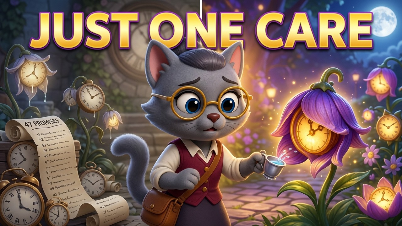 Cordelia the cat in Clockflower Courtyard in The Cat Who Tried To Do Everything bedtime story.