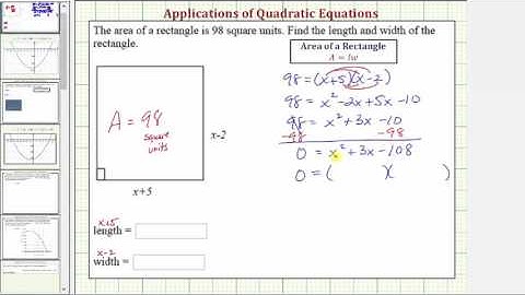 Ex 1: Quadratic Equation App - Find the Dimensions of a Rectangle Given Area (Factoring)