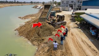 Excellent Power Machines Dozer Clearing Soil And Best Work Dumper Truck  in Contiues Road Canal