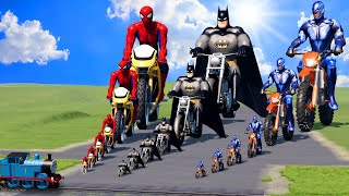 Big \& Small Spiderman on a motorcycle vs Batman on a motorcycle vs Volt on a motorcycle vs Trains