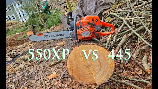 NEW 550 XP Mark II Chainsaw. How Fast Cut Compared to an Old 445 HUSQVARNA Chainsaw. Cutting Race by OneSimpleDad 3,135 views 1 month ago 5 minutes, 46 seconds