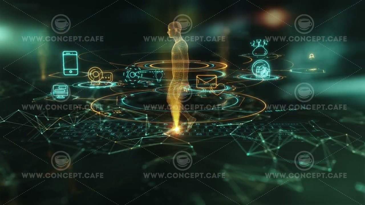 Human hologram walking surrounded by internet of things icons HD
