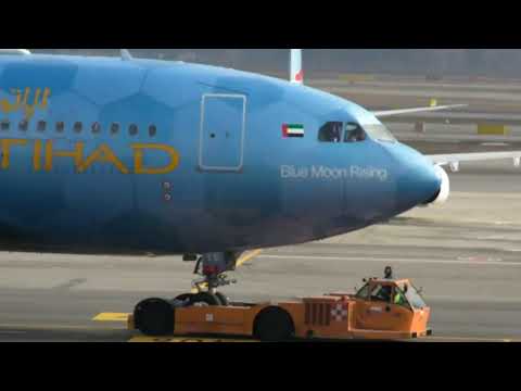 Airbus A330. Etihad Airlines. Manchester City FC Livery. Pushback at Airport Gate.