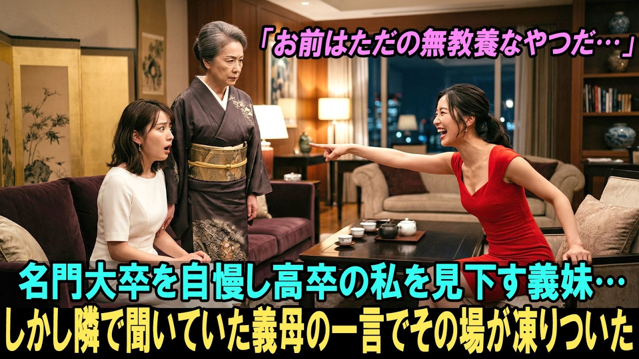 午前四時、里芋の皮をむく冷たい水の感触で指先が痺れていた。盆の朝、二十年続けてきた嫁の仕事だ。二百店舗を展開する会社の社長になった今も、家族のための料理は私の手で作りたかった。だがその日、食卓を囲んだ義妹のレナが、りんごの皮を指さして笑ったのだ。「お義姉さんって、大学も出てないんですよね。やっぱり高卒の人とは会話のレベルが違うっていうか」二十年前、借金取りに怯える家に嫁ぎ、屋台から這い上がっ...