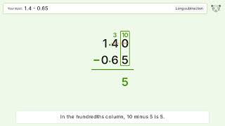 Long Subtraction Problem 1.4-0.65: Step-by-Step Video Solution