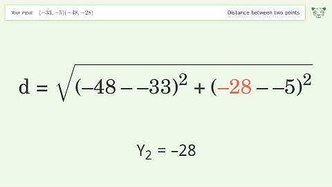 Find the distance between two points p1 (-33,-5) and p2 (-48,-28): Step-by-Step Video Solution
