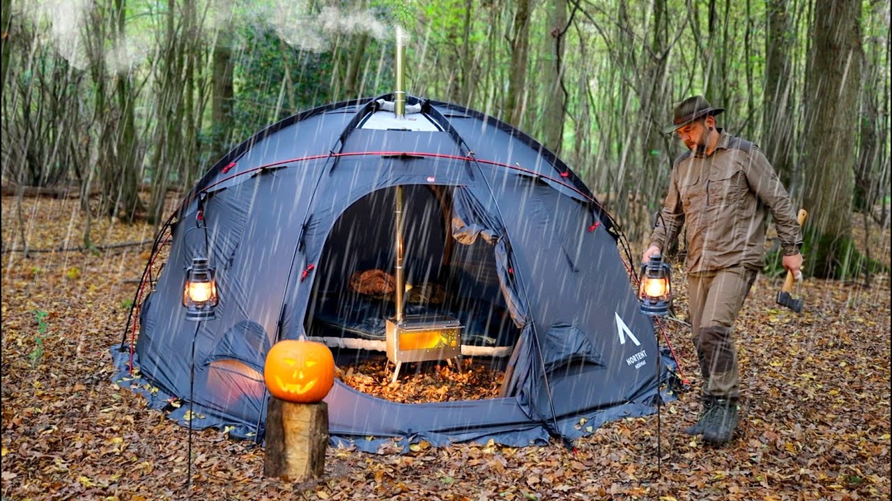 Hot Tent Camping in Rain Halloween 2 nighter YouTube