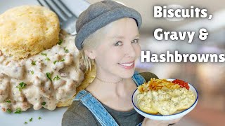 Biscuits & Sausage Gravy + Crispy Hashbrowns | Cook & Eat With Me