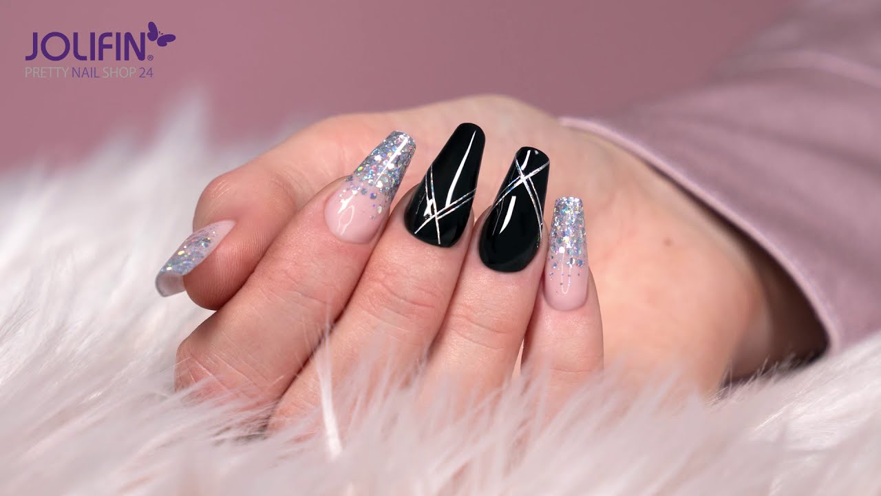 Nailart Black Shiny Mit Jolifin Laveni Xl Sticker Stripes Hologram Silver Tutorial Youtube 