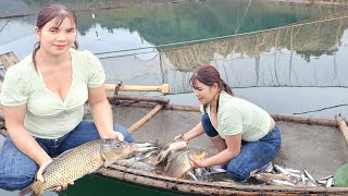 The girl bought a floating raft on the lake to fish, super huge, 25m x 25m in size. Many big fish.