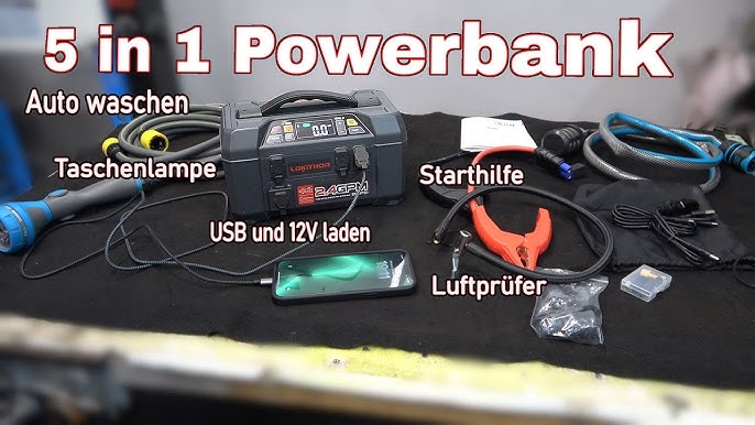 revolt Autostarter: 5in1-Starthilfe-Powerbank, Kompressor, USB