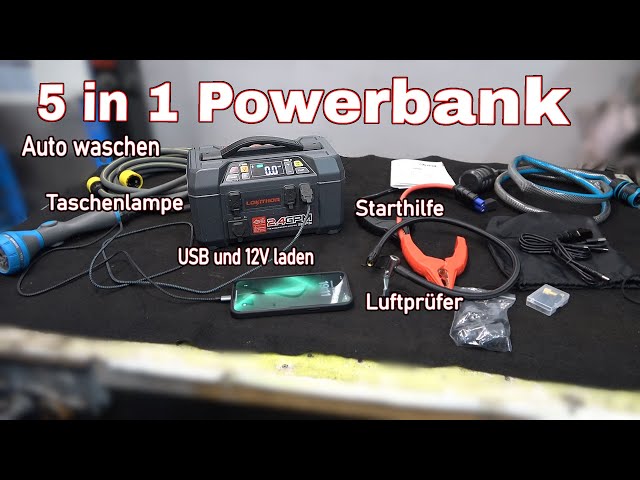 Lokithor Starthilfe-Powerbank AW401, 5 in 1, 12V, 2500A Spitzenstrom,  Kompressor, Kapazität 20000mAh – Böttcher AG