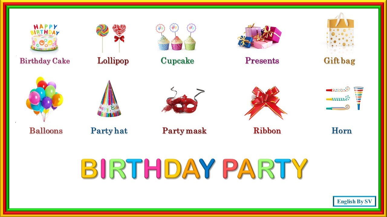 Birthday party items Vocabulary in English | English Vocabulary - PARTY ...