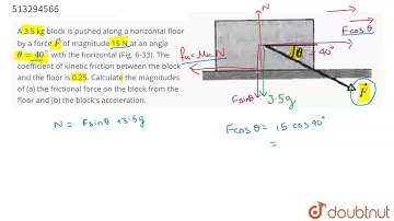 A 3.5 kg block is pushed along a horizontal floor by a force vecF of magnitude 15 N at an angle ...