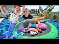 Mermaid pillow fight  adley vs dad magic trampoline battle with a giant lovesac in the backyard