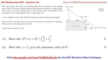2019 Maths 2u HSC Q15c Application of Differentiation, Optimisation, Maxima/minima problem