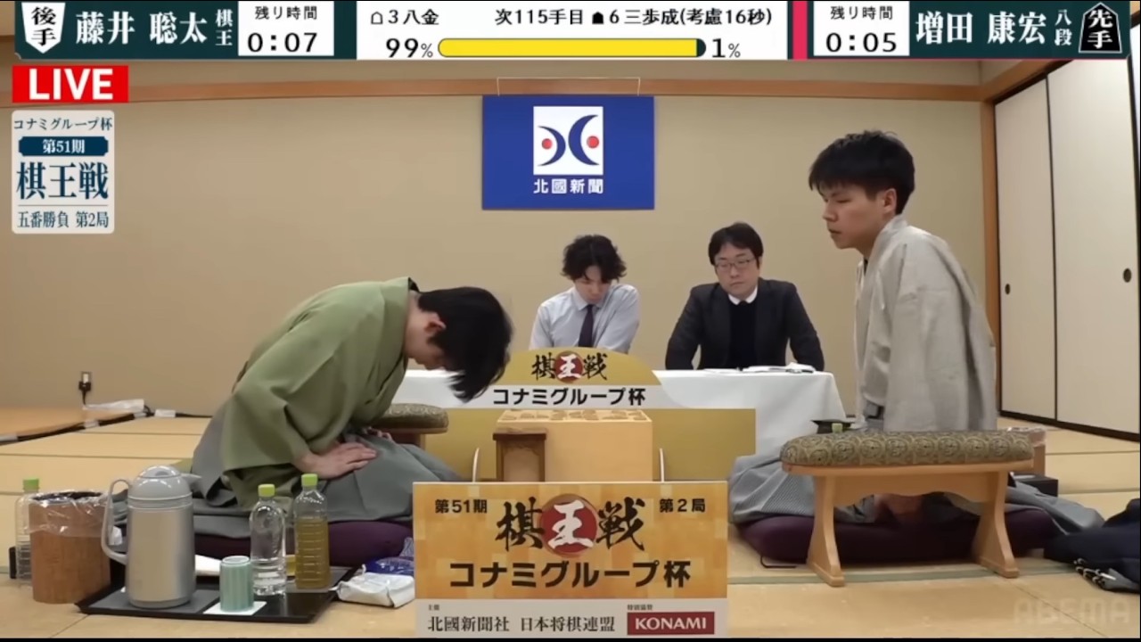 第51期 棋王戦コナミグループ杯五番勝負第2局 藤井聡太棋王 対 増田康宏八段