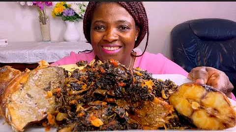 African food Asmr mukbang +mackerel fish +sweet bitter leaf soup with Fufu