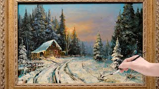 Рисует маслом зимний пейзаж, домик зимой | paints winter landscape